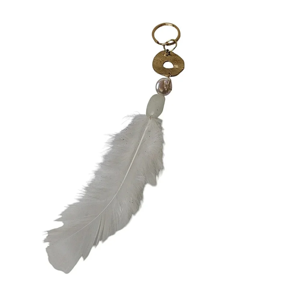 14k Gold Plated White Feather Freshwater Pearl Gold Plated Keychain Split Ring